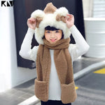 Winter Wonderland Plush Hooded Scarf with Bear Ears and Built-in Mitten Pockets